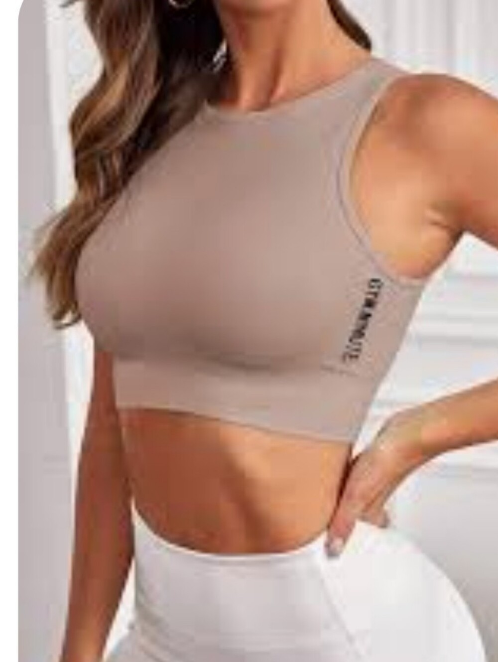 Seamless Taupe Sports Bra High Neck Crop Shein Large Yoga Pilates Summer Gym EUC